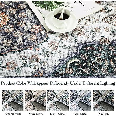 Washable Floral Rug, Non-Slip Low-Pile Carpet with Stain-Resistant Backing for Indoor Use