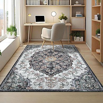Washable Floral Rug, Non-Slip Low-Pile Carpet with Stain-Resistant Backing for Indoor Use