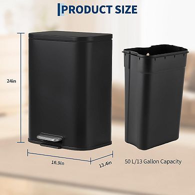 13.2 Gallon Smudge-Proof Stainless Steel Trash Can with Soft-Close Lid & Foot Pedal