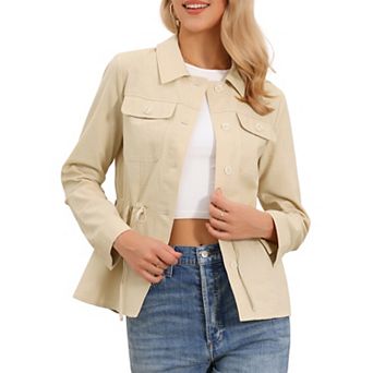 Linen Utility Jacket for Women Button Down Drawstring Waist Lapel Lightweight Spring Jackets