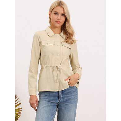 Linen Utility Jacket for Women Button Down Drawstring Waist Lapel Lightweight Spring Jackets