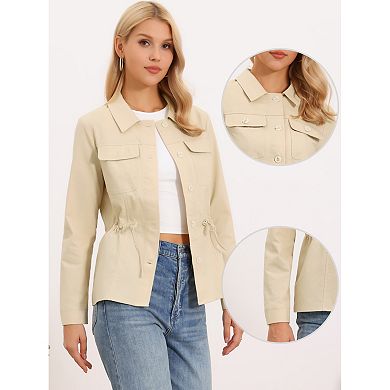 Linen Utility Jacket for Women Button Down Drawstring Waist Lapel Lightweight Spring Jackets