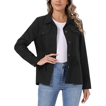 Linen Utility Jacket for Women Button Down Drawstring Waist Lapel Lightweight Spring Jackets