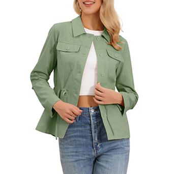 Linen Utility Jacket for Women Button Down Drawstring Waist Lapel Lightweight Spring Jackets