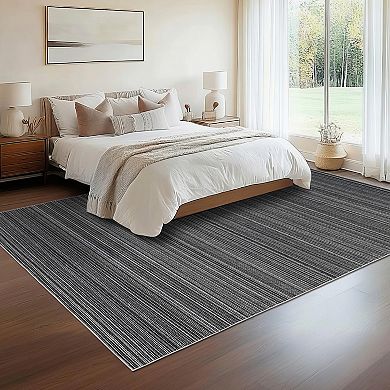 Striped Machine Washable Rug with Rubber Backing Low Pile Stain Resistant Carpet