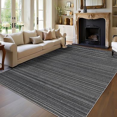 Striped Machine Washable Rug with Rubber Backing Low Pile Stain Resistant Carpet