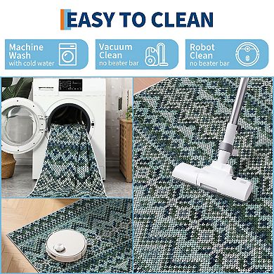Vintage Geometric Machine Washable Area Rug Non-Slip Low Pile Stain-Resistant Indoor Carpet