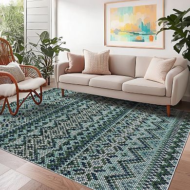 Vintage Geometric Machine Washable Area Rug Non-Slip Low Pile Stain-Resistant Indoor Carpet
