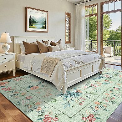 Peacock Floral Washable Rugs Ultra-Soft Stain-Resistant Farmhouse Foldable Thin Indoor Carpet