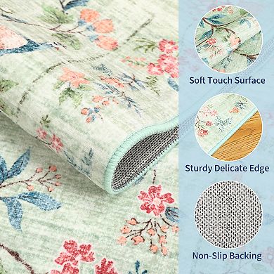 Peacock Floral Washable Rugs Ultra-Soft Stain-Resistant Farmhouse Foldable Thin Indoor Carpet