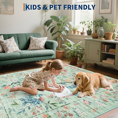 Peacock Floral Washable Rugs Ultra-Soft Stain-Resistant Farmhouse Foldable Thin Indoor Carpet