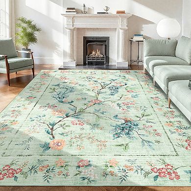 Peacock Floral Washable Rugs Ultra-Soft Stain-Resistant Farmhouse Foldable Thin Indoor Carpet