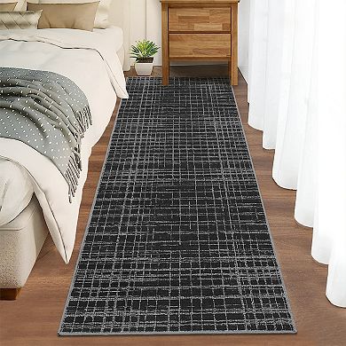 Modern Plaid Machine Washable Rug with Non-Slip Backing, Stain-Resistant Foldable Indoor Carpet