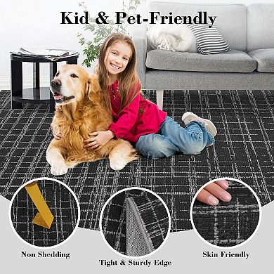 Modern Plaid Machine Washable Rug with Non-Slip Backing, Stain-Resistant Foldable Indoor Carpet