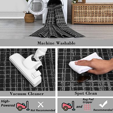 Modern Plaid Machine Washable Rug with Non-Slip Backing, Stain-Resistant Foldable Indoor Carpet