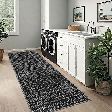 Modern Plaid Machine Washable Rug with Non-Slip Backing, Stain-Resistant Foldable Indoor Carpet