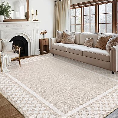 Modern Checkered Washable Rug with Non Slip Rubber Backing Soft Low Pile Thin Foldable Carpet