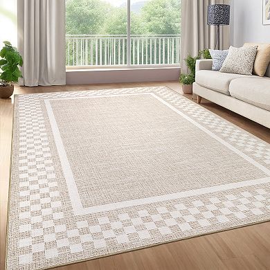 Modern Checkered Washable Rug with Non Slip Rubber Backing Soft Low Pile Thin Foldable Carpet