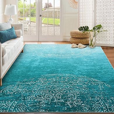 Ombre Medallion Machine Washable Rug Non Slip Soft Gradient Foldable Indoor Carpet