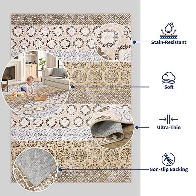 Vintage Floral Machine Washable Rug with Non-Slip Backing, Ultra-Soft Farmhouse Indoor Mat