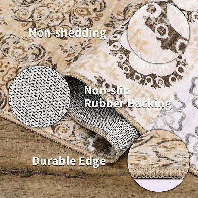 Vintage Floral Machine Washable Rug with Non-Slip Backing, Ultra-Soft Farmhouse Indoor Mat