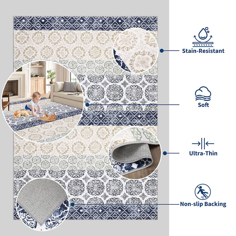 Vintage Floral Machine Washable Rug with Non-Slip Backing, Ultra-Soft ...