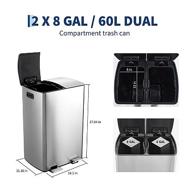 16 Gallon Dual Compartment Trash Can, Stainless Steel Step-on Garbage Can with Inner Buckets