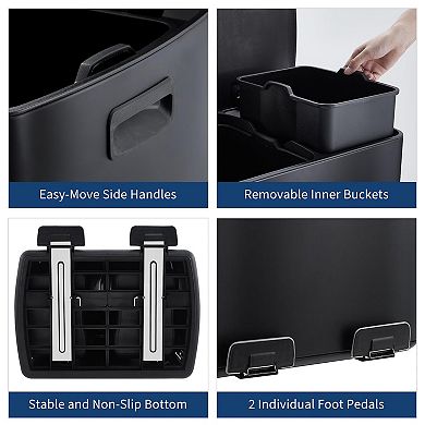 16 Gallon Dual Compartment Trash Can, Stainless Steel Step-on Garbage Can with Inner Buckets