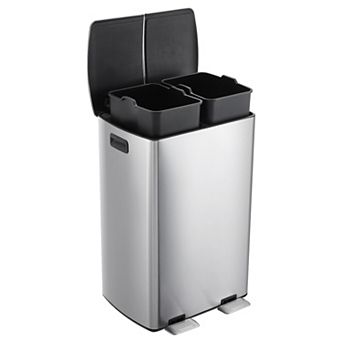 16 Gallon Dual Compartment Trash Can, Stainless Steel Step-on Garbage Can with Inner Buckets