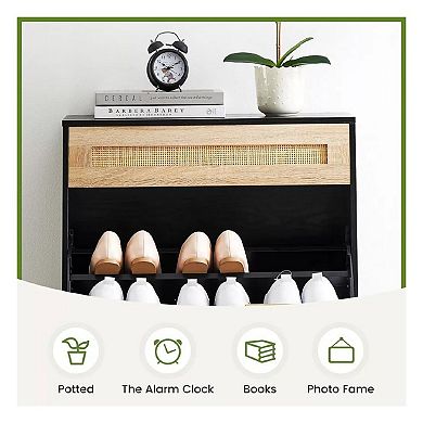 Slim 24" Rattan Shoe Storage Cabinet with Flip-Down Compartments and Drawer