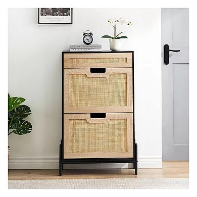 Slim 24" Rattan Shoe Storage Cabinet with Flip-Down Compartments and Drawer