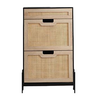 Slim 24" Rattan Shoe Storage Cabinet with Flip-Down Compartments and Drawer