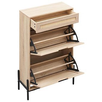 Slim 24" Rattan Shoe Storage Cabinet with Flip-Down Compartments and Drawer