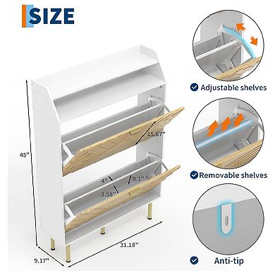 Wood Color Shoe Cabinet, Slim 2-Drawer Shoe Storage Organizer, Adjustable Hidden Entryway Rack
