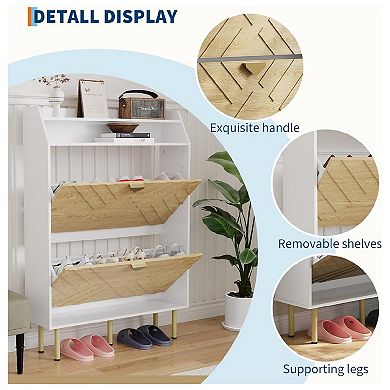 Wood Color Shoe Cabinet, Slim 2-Drawer Shoe Storage Organizer, Adjustable Hidden Entryway Rack