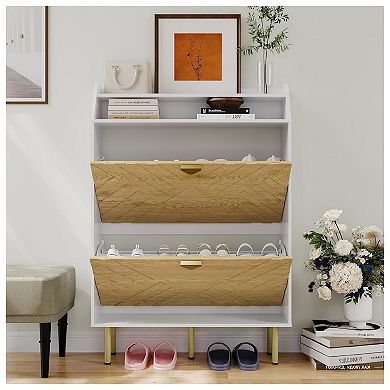 Wood Color Shoe Cabinet, Slim 2-Drawer Shoe Storage Organizer, Adjustable Hidden Entryway Rack