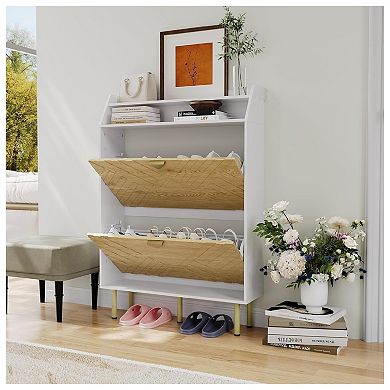Wood Color Shoe Cabinet, Slim 2-Drawer Shoe Storage Organizer, Adjustable Hidden Entryway Rack
