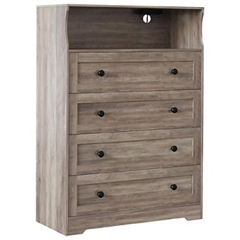 4 Drawer Wooden Dresser for Bedroom Closet Bedside, Wood Chest of Drawers with Charging Station
