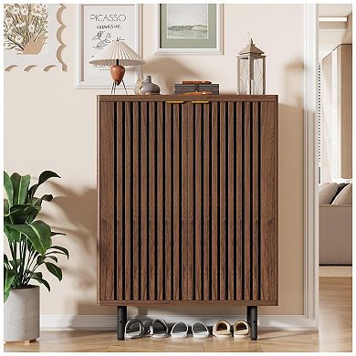 6-Tier Shoe Cabinet with Doors, Wooden Shoe Storage Cabinet Organizer, Louvered Doors