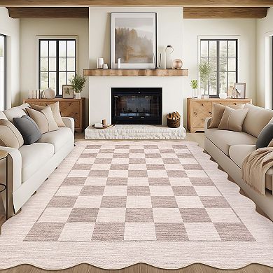 Scalloped Checkered Machine Washable Rug for Living Room Non-Slip Modern Geometric Floor Mats
