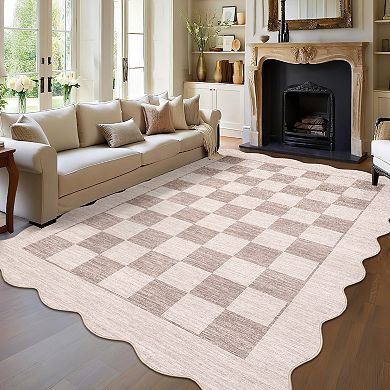 Scalloped Checkered Machine Washable Rug for Living Room Non-Slip Modern Geometric Floor Mats
