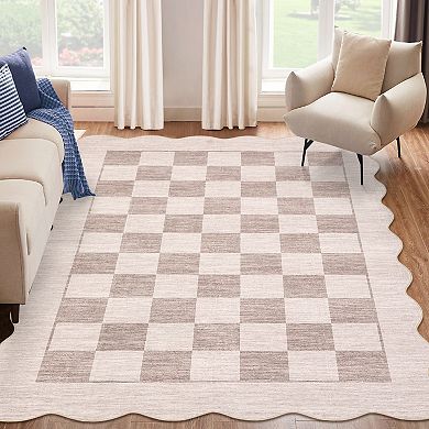 Scalloped Checkered Machine Washable Rug for Living Room Non-Slip Modern Geometric Floor Mats