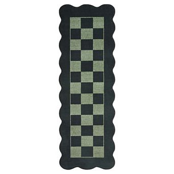 Scalloped Checkered Machine Washable Rug for Living Room Non-Slip Modern Geometric Floor Mats
