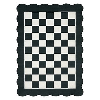 Scalloped Checkered Machine Washable Rug for Living Room Non-Slip Modern Geometric Floor Mats