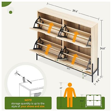 Rattan Shoe Cabinet Organizer with Flip-Drawer Doors, 4-Door Storage with Adjustable Shelves
