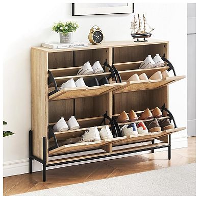 Rattan Shoe Cabinet Organizer with Flip-Drawer Doors, 4-Door Storage with Adjustable Shelves