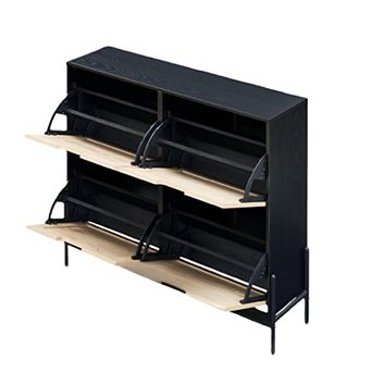 Rattan Shoe Cabinet Organizer with Flip-Drawer Doors, 4-Door Storage with Adjustable Shelves