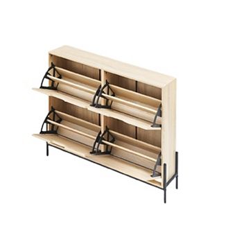 Rattan Shoe Cabinet Organizer with Flip-Drawer Doors, 4-Door Storage with Adjustable Shelves