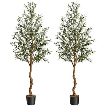 2 pc Olive Trees Artificial Indoor, 6FT Realistic Faux Olive Tree - Fake Plants with Wood Trunk