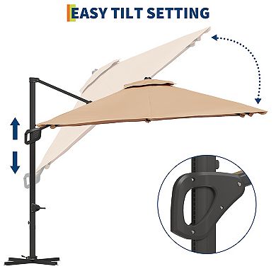 10FT Heavy Duty Cantilever Umbrella with Base: 360° Rotation Square Single Top for Backyard & Pool